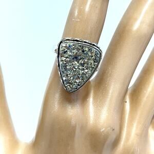Hand Crafted Pyrite Druzy Ring Silver Plated Adjustable‎ 6.5–10 Gift Boxed